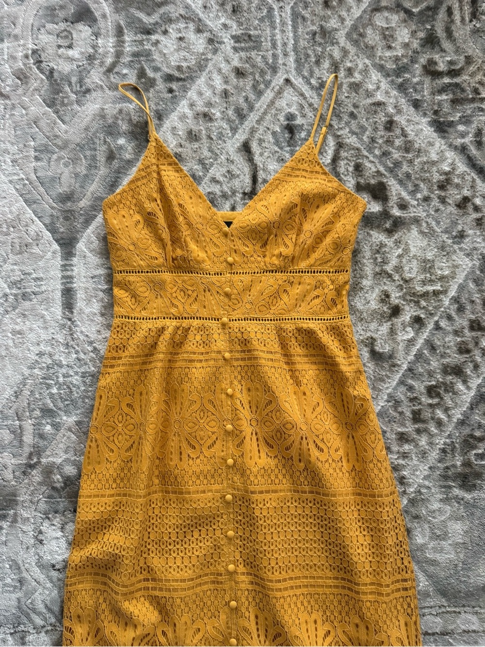 Lulus Robyn Mustard Yellow Spaghetti Strap Lace Button-Up Midi Dress - Picture 5 of 9